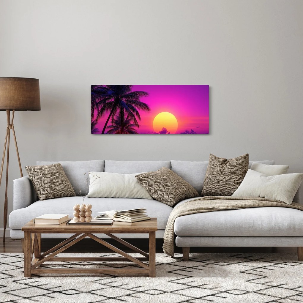Tablou - Apus violet cu palmier (120x50 cm)