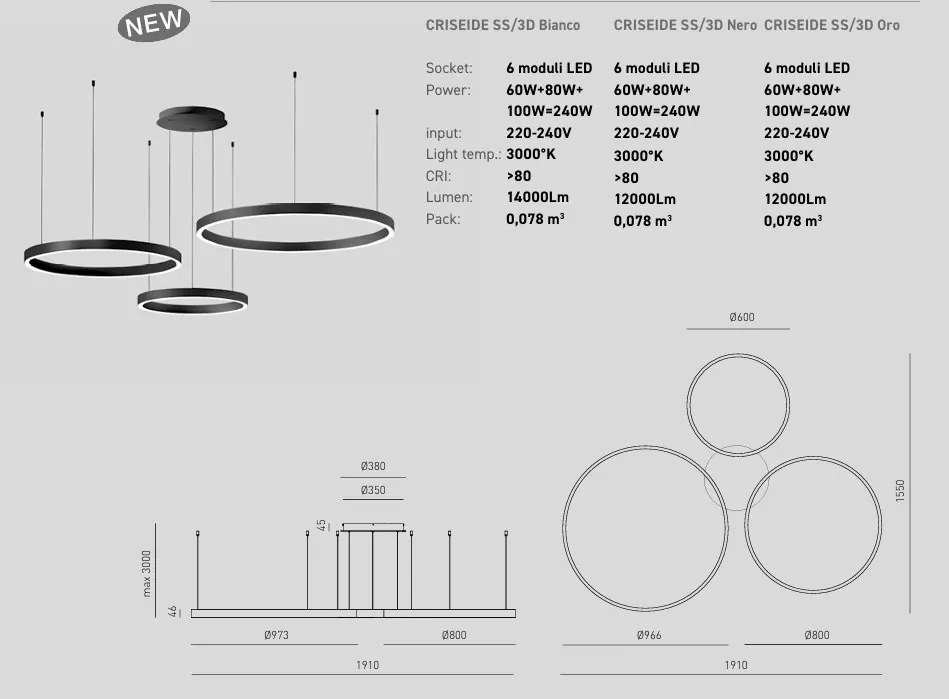 Lustra LED circulara cu 3 inele 96/80/60cm CRISEIDE alb, negru sau auriu