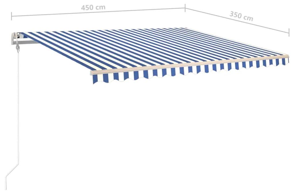 Copertina retractabila automat, stalpi, albastru alb, 4,5x3,5 m Albastru si alb, 4.5 x 3.5 m