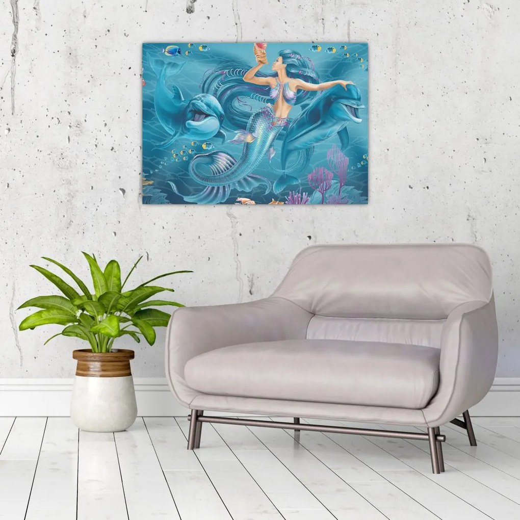 Tablou pe sticlă - Sirenă cu delfini (70x50 cm)