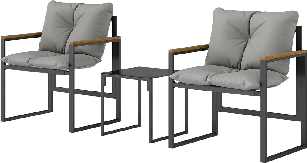 Outsunny Set de grădină 3 piese 2 locuri cu 2 fotolii 1 masă de cafea, blat din sticlă securizată și perne, gri | Aosom Romania