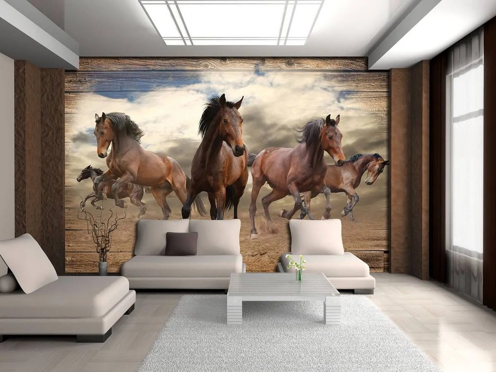 Fototapet - Calul galopând  pe scănduri din lemn (152,5x104 cm)