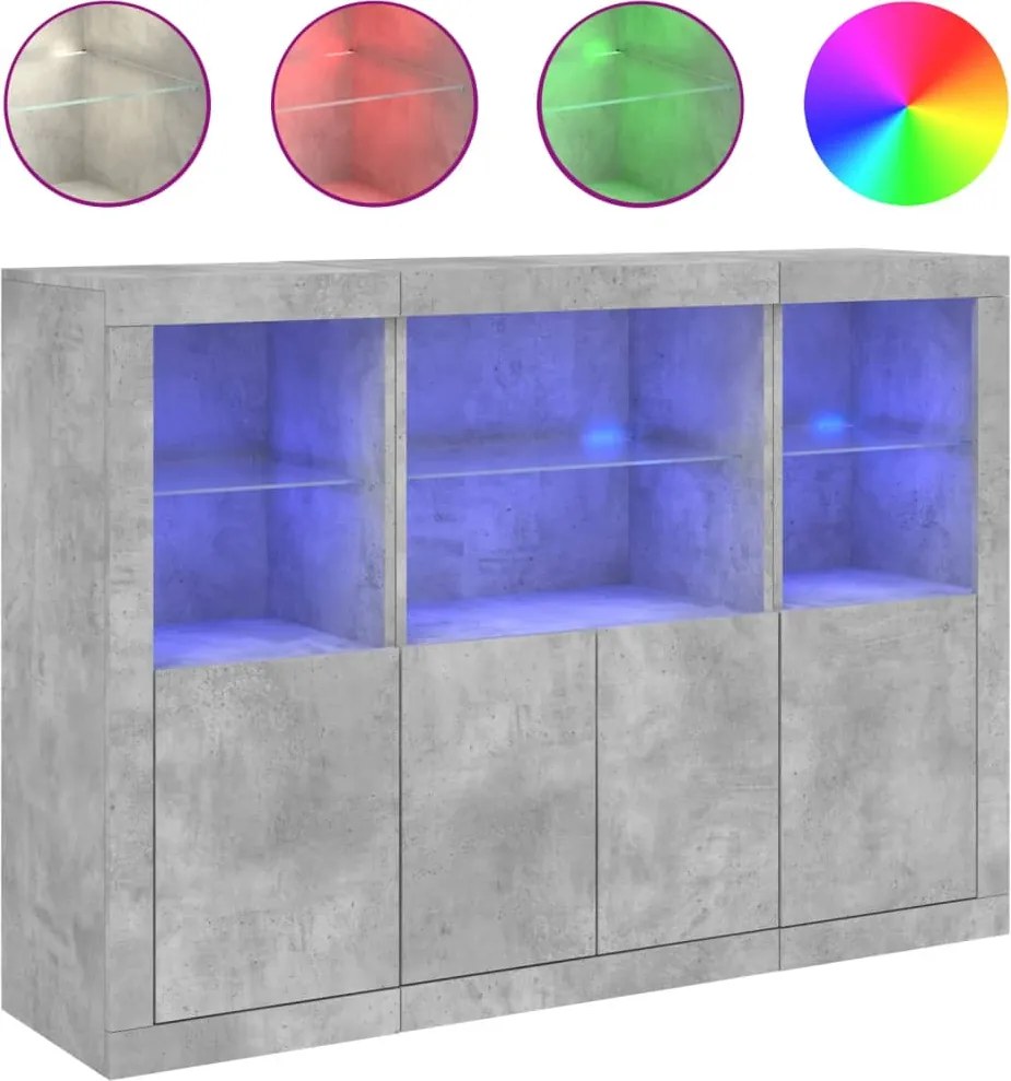 vidaXL Servantă cu lumini LED, 3 buc., gri beton, lemn prelucrat
