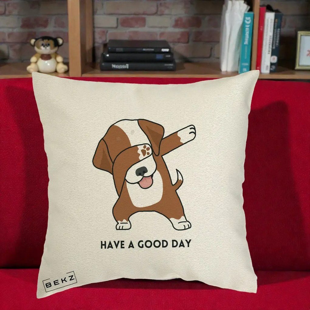 Perna Decorativa Caine Dab Have A Good Day, 40x40 cm, Ecru, Husa Detasabila, Perna Inclusa, BEKZ®