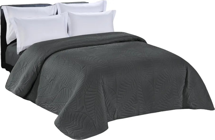 Cuvertură de pat gri închis cu un motiv de frunze Lățime: 200 cm | Lungime: 220 cm