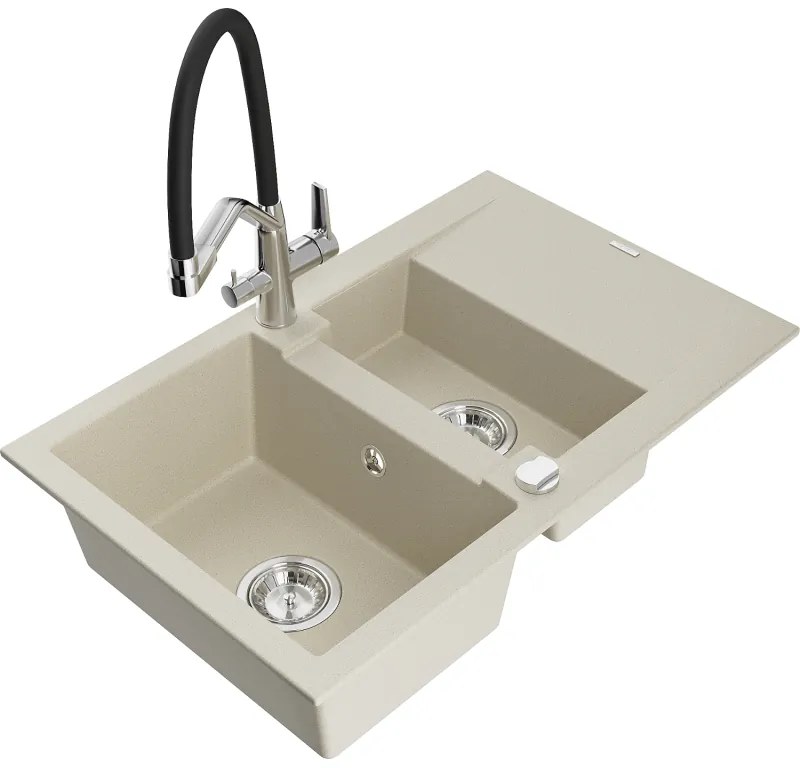 Mexen Gaspar chiuvetă de granit 1,5-camere cu scurgător și baterie de bucătărie Duo, bej - 6507-69-671701-07