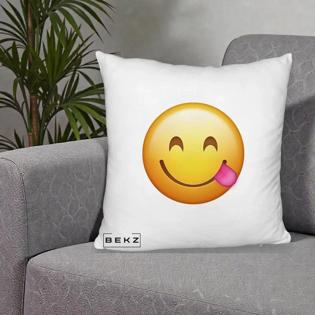 Perna Decorativa Emoji Limba Scoasa, 40x40 cm, Alb Pufos, Husa Detasabila, Perna Inclusa, BEKZ®