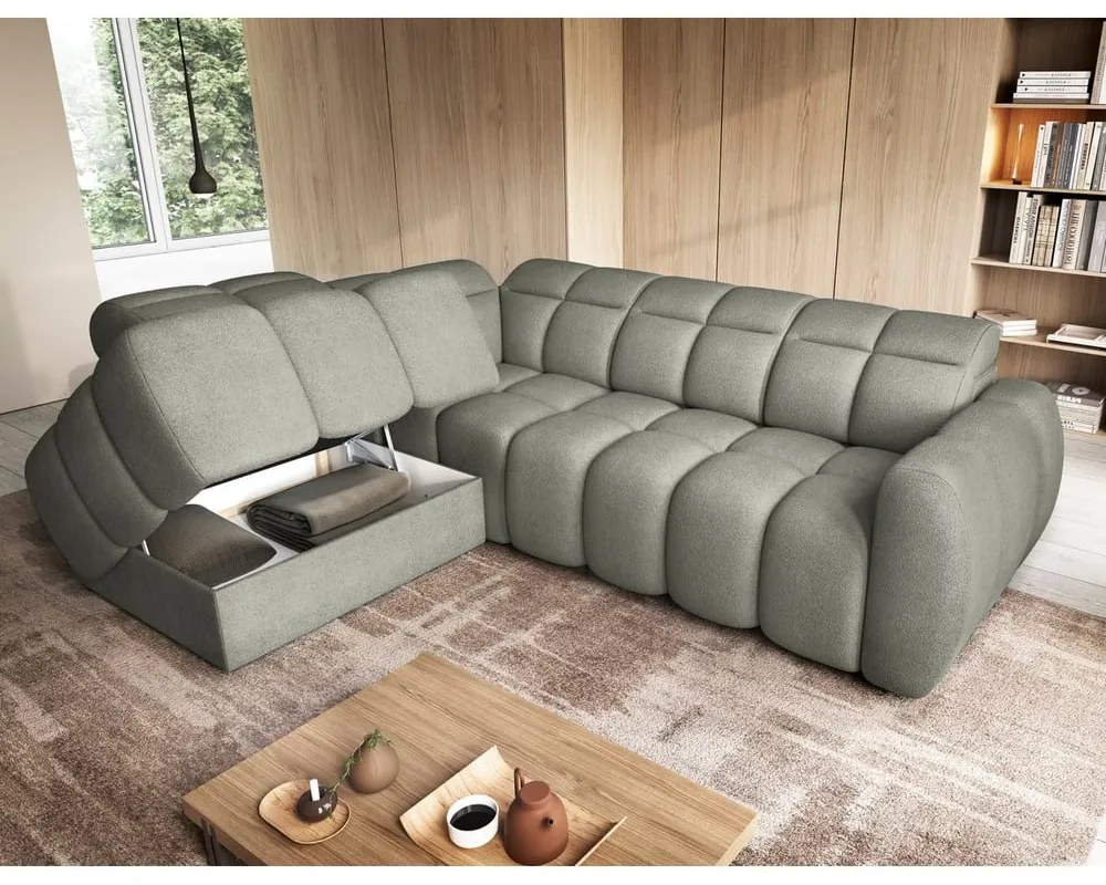 Colțar verde prăfuit extensibil/cu spațiu de depozitare cu tapițerie din țesătură bouclé (cu colț pe partea stângă/în formă de ”L”) Falconn – ELTAP