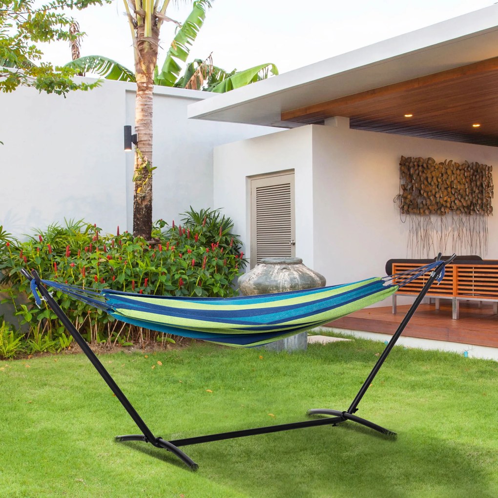 Outsunny Hamac de Grădină Suspendat 310x117 cm cu Înălțime Reglabilă și Suport, Capacitate 120 kg, Hamac Independent cu Geantă de Transport, pentru Camping, Grădină, Balcon, Patio, Verde și Albastru | Aosom Romania