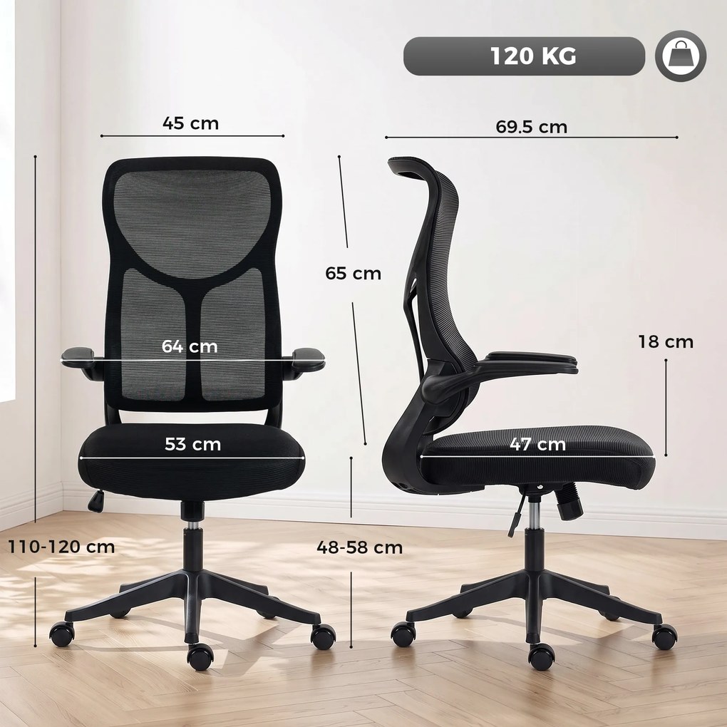 HOMCOM Scaun de birou ergonomic rotativ cu brațe rabatabile, funcție de balans, înălțime reglabilă, din plasă, negru | Aosom Romania