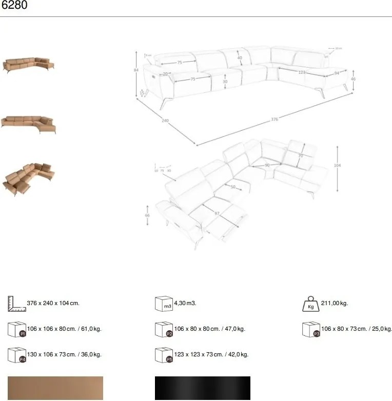 Coltar modular LUX design italian cu sezlong dreapta Piele Naturala, Brown