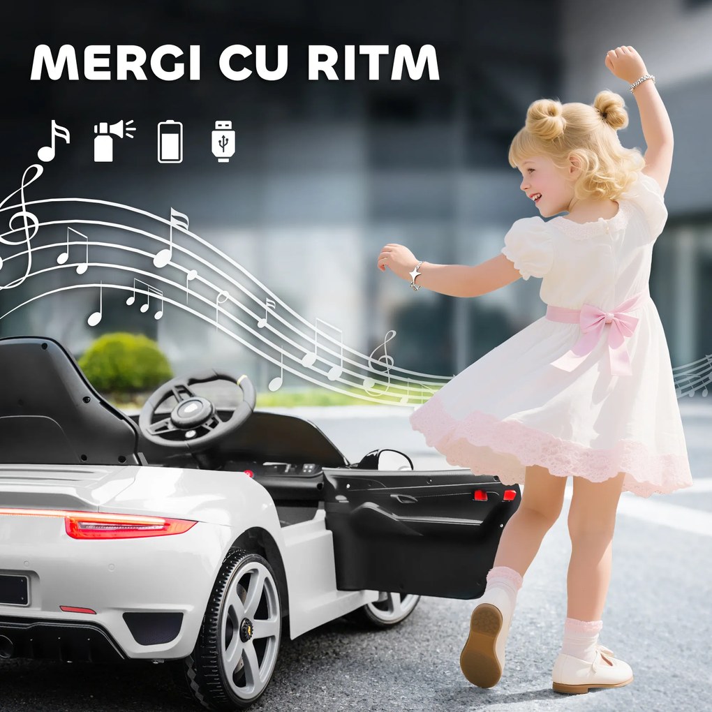 AIYAPLAY Mașină pentru Copii 3-5 Ani cu Licență Oficială RUF GT, Telecomandă, Centură de Siguranță și Muzică, Alb | Aosom Romania