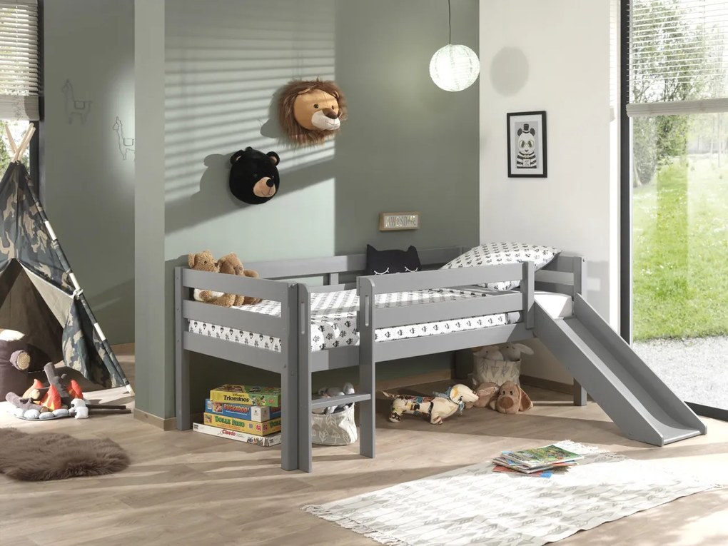 Pat Pino pentru copii cu tobogan, gri, 90x200 cm, înălțime 85 cm – Vipack