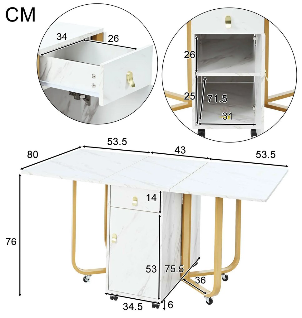 Masă de bucătărie versatilă și pliabilă, Alb+Auriu | Aosom Romania