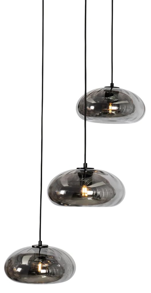 Lampă suspendată Art Deco neagră cu sticlă fumuriu rotundă cu 3 lumini - Ayesha