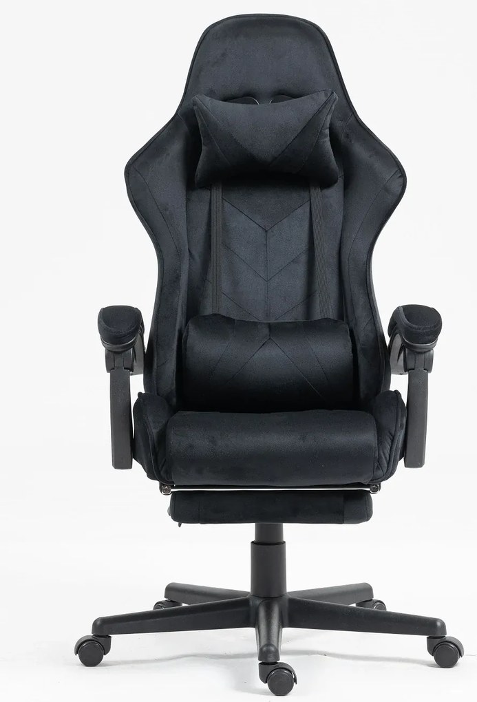 Scaun gaming, masaj în perna lombară, suport picioare, catifea, Negru