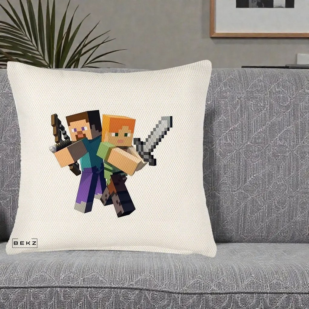 Perna Personalizata Minecraft Steve si Alex, 40x40 cm, Crem Reliefat, Husa Detasabila, Perna Inclusa, BEKZ®
