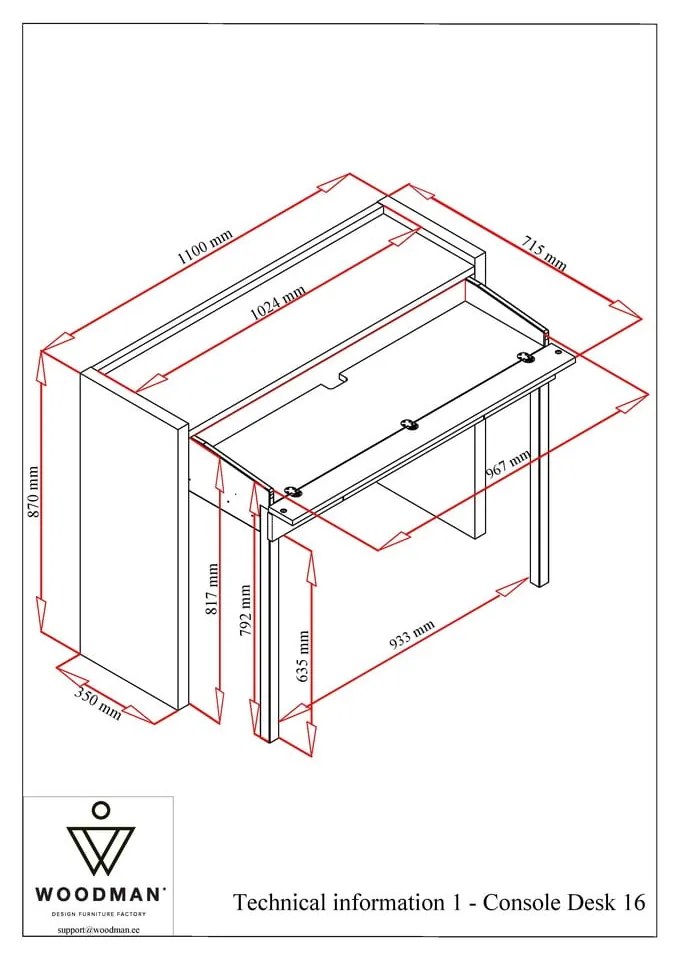 Birou extensibil Woodman 16 Mel, alb