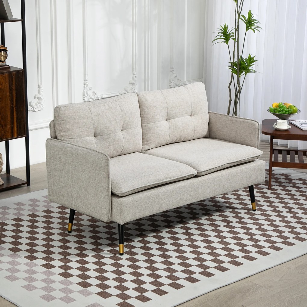 HOMCOM Divano 2 Posti in Tessuto Effetto Lino con Braccioli e Cuscini Imbottiti, Divanetto 2 Posti Moderno con Gambe in Acciaio, per Ufficio, Soggiorno, Salotto e Camera da Letto, 139x68x80 cm, Crema | Aosom Romania