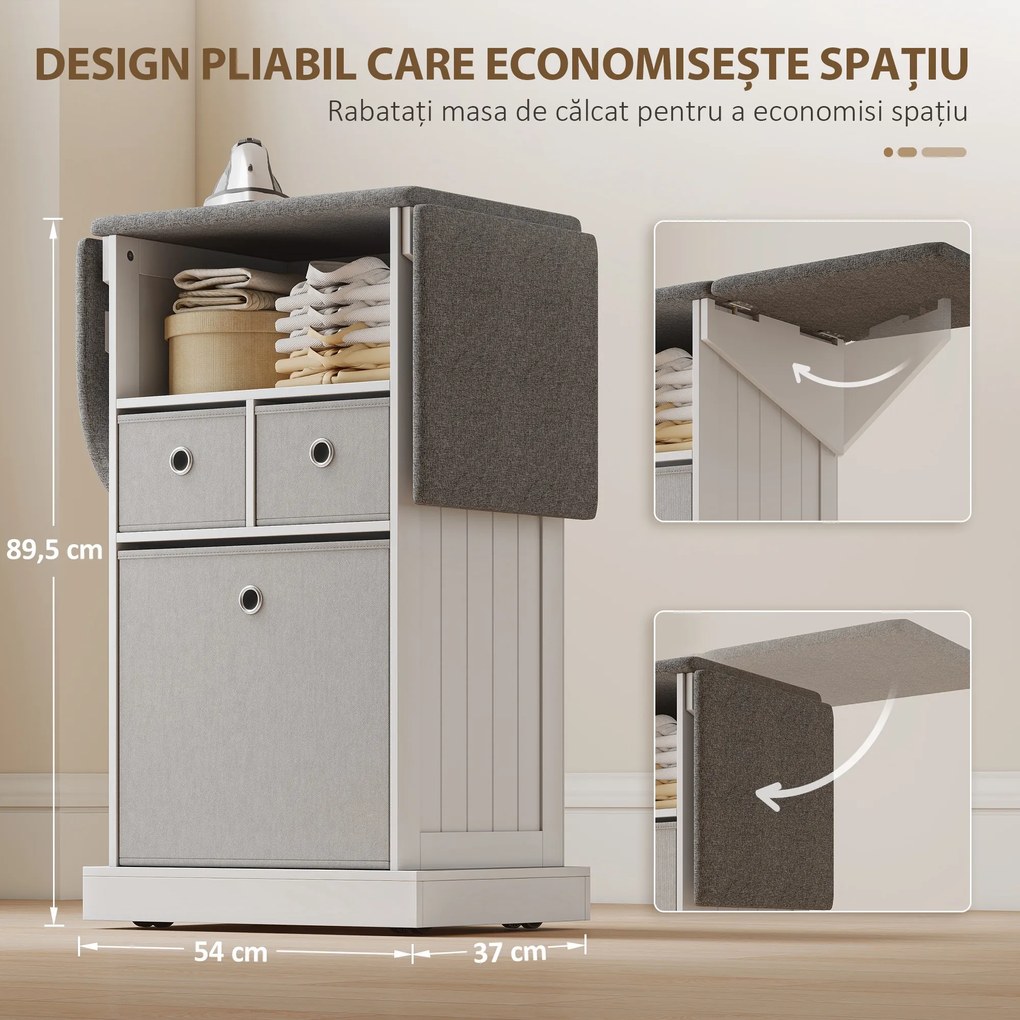HOMCOM Dulap cu Masă de Călcat Pliabil Economisitor de Spațiu, Dulap Multifuncțional cu 3 Sertare din Material Textil Aspect In, Roți Cu Frână, Raft Deschis, pentru Băi și Spații de Rufe, 121x37x89.5 cm, Alb | Aosom Romania