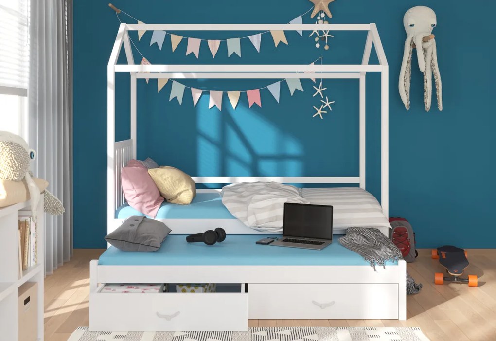 Expedo Pat pentru copii MELICHAR casuta cu bara + saltea, 90x200/90x190, alb