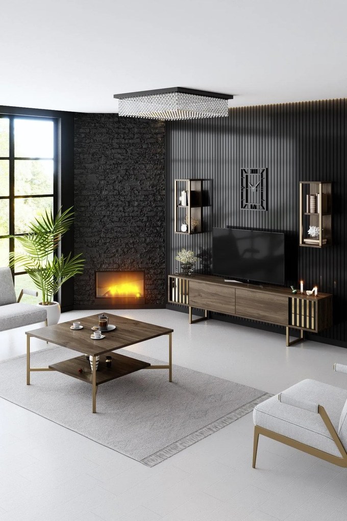 Masuta Cafea, PAL Melaminat / Metal, Gold Line, Negru / Auriu, 80 x 80 x 40 cm