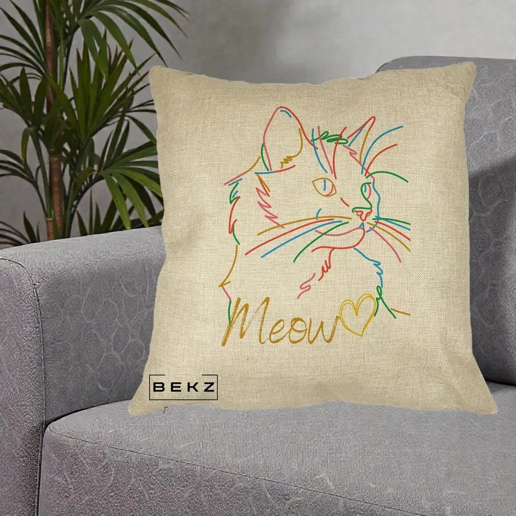 Perna Personalizata Pisica Meow Arta Linie Colorata, 40x40 cm, Crem, Husa Detasabila, Perna Inclusa, BEKZ®