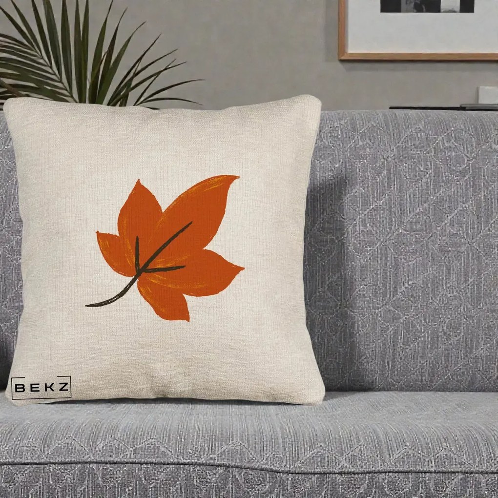 Perna Decorativa Frunza de Toamna Portocalie, 40x40 cm, Bej Canapea, Husa Detasabila, Perna Inclusa, BEKZ®