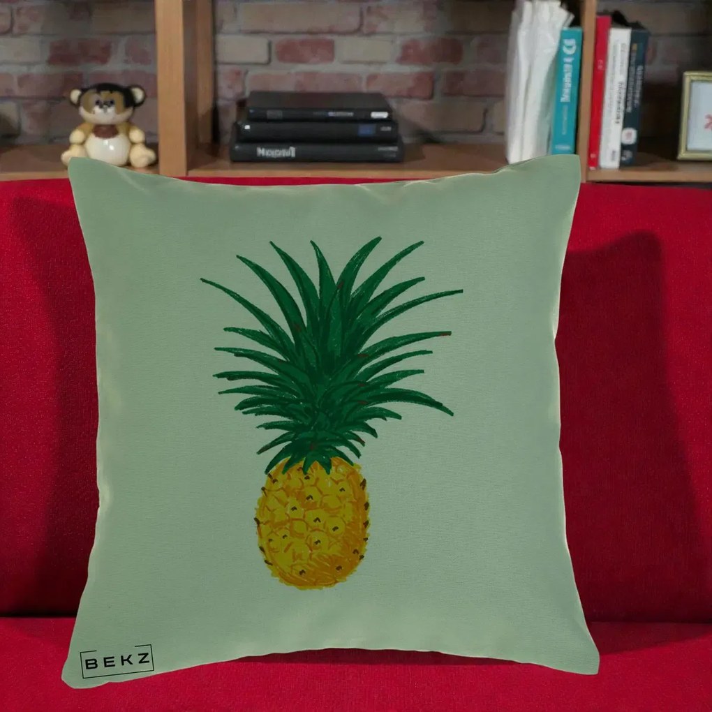 Perna Decorativa Ananas Tropical, 40x40 cm, Verde, Husa Detasabila, Perna Inclusa, BEKZ®