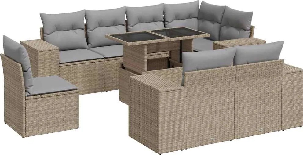 vidaXL Set canapele de grădină, 9 piese, cu perne, bej, poliratan