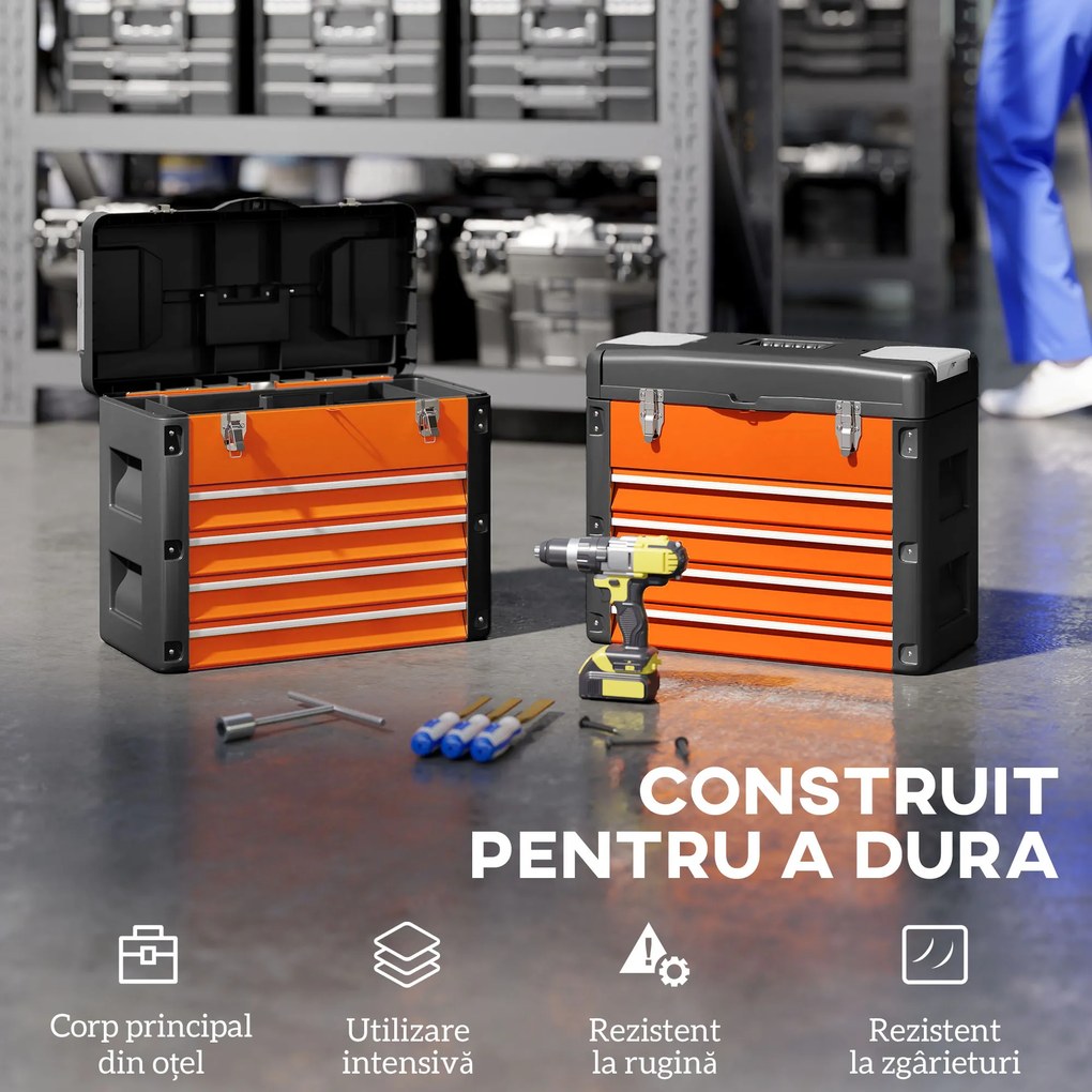 HOMCOM Cutie pentru Unelte cu 4 Sertare și Compartiment Superior din Oțel și Plastic, Portocaliu și Negru | Aosom Romania