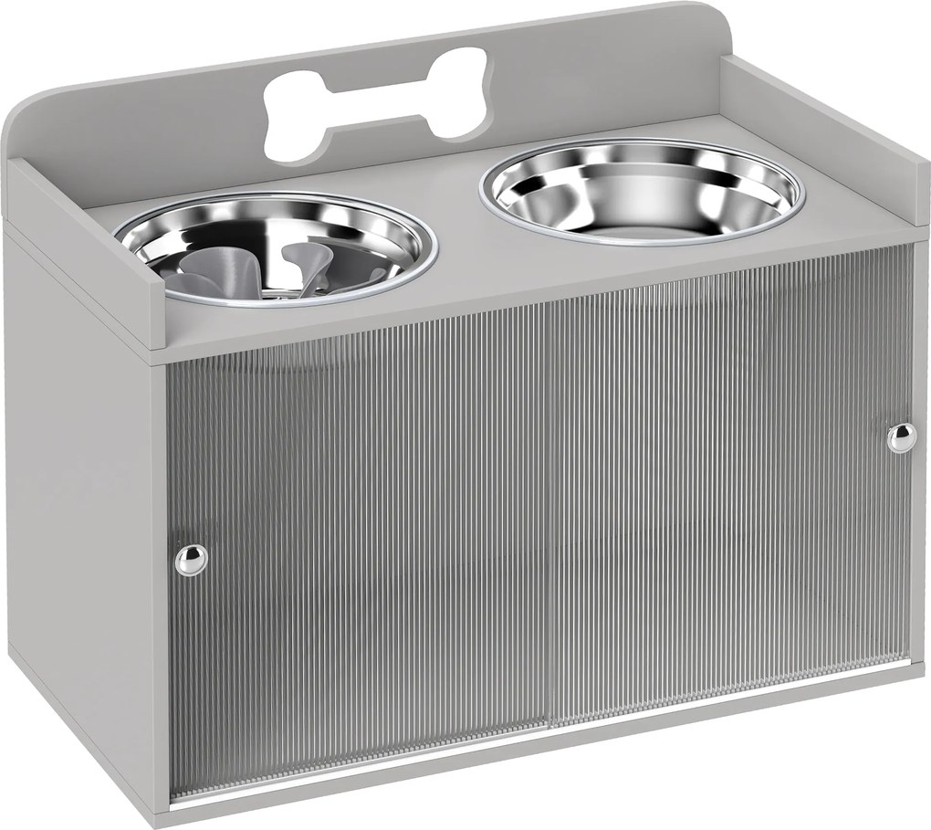 PawHut Stație de hrănire ridicată cu 2 boluri și dulap, MDF, oțel inoxidabil, model cu oase, Gri | Aosom Romania