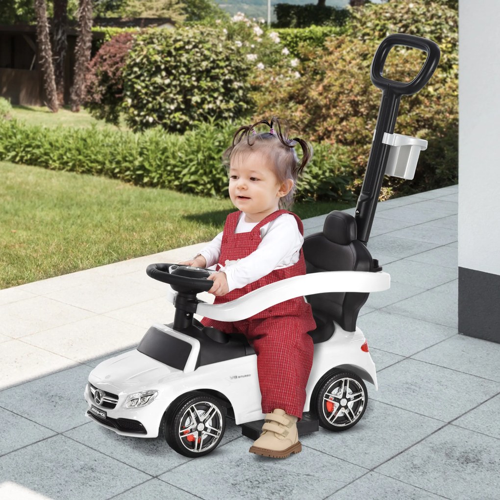 Masina pentru copii 12-36 luni HOMCOM cu maner si bare de siguranta detasabile, licenta Mercedes, alb | Aosom Romania