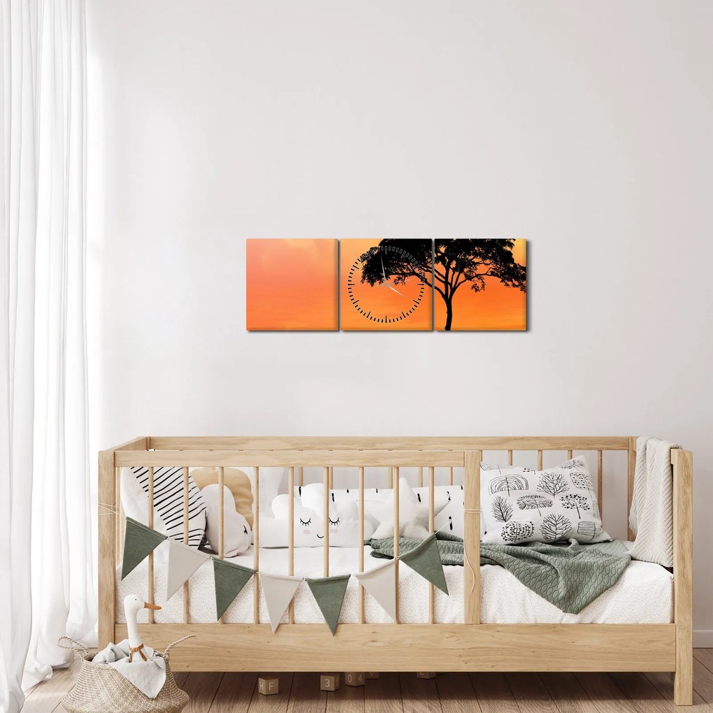 Tablou cu copac în apus de soare (cu ceas) (90x30 cm)