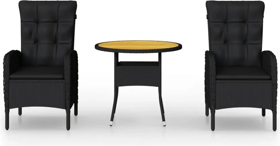 vidaXL Set bistro de grădină, 3 piese, negru, poliratan