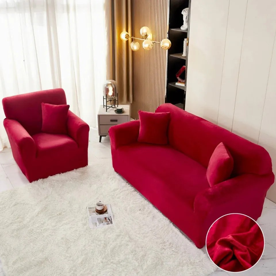Set huse elastice din catifea pentru canapea 3 locuri + 2 fotolii, cu brate, rosu, HCCJS-11