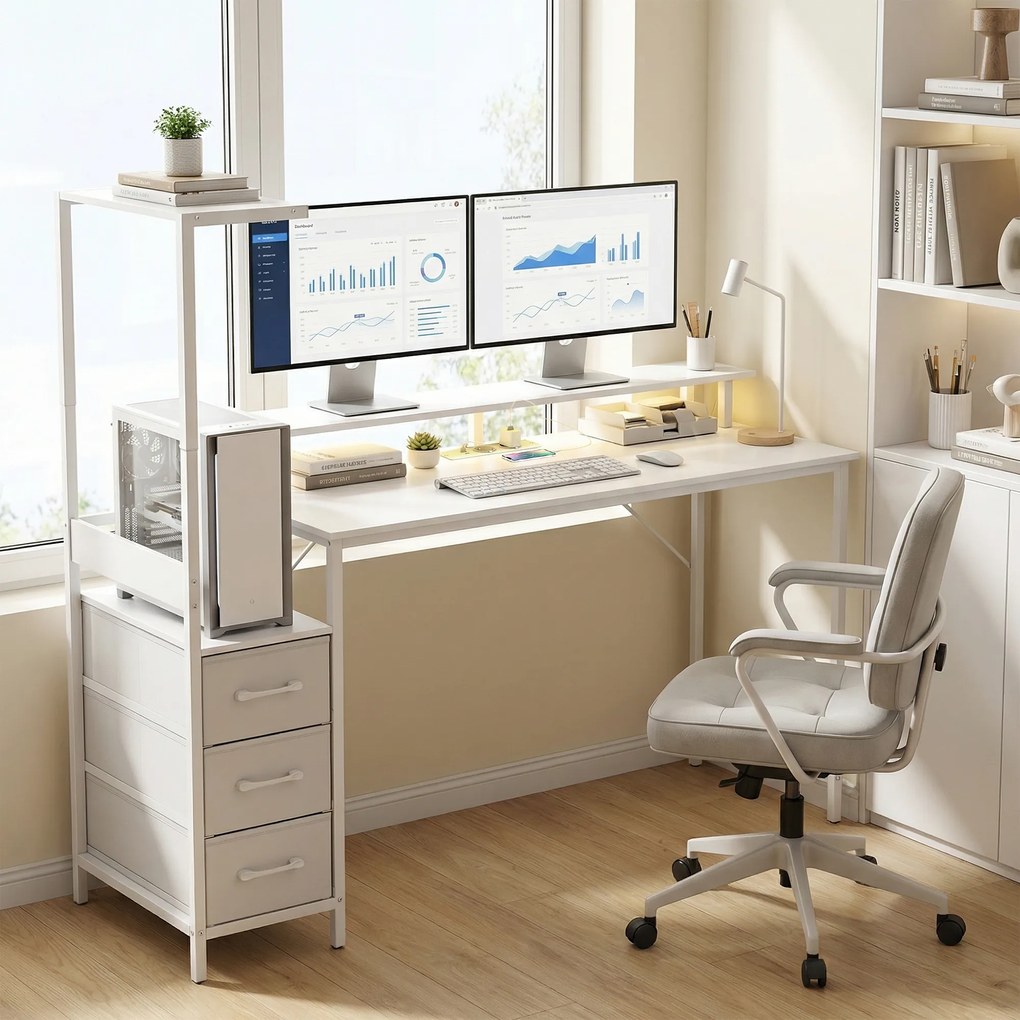 HOMCOM Birou Gaming cu Suport CPU Reglabil Reversibil și LED, 147x47 cm, Stație de Încărcare, Suport Monitor, 3 Sertare din Material Textil, pentru Acasă, Birou sau Studio, Alb | Aosom Romania