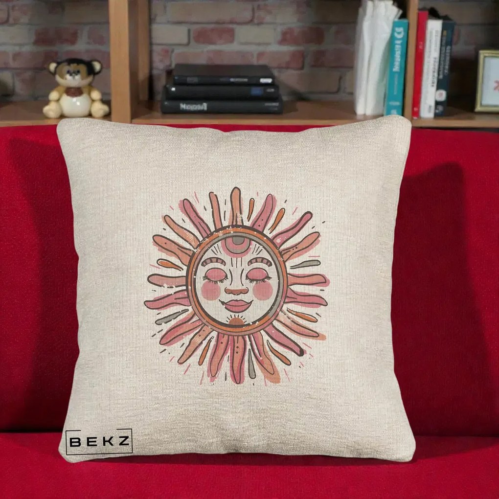 Perna Decorativa Soare Roz Tribal, 40x40 cm, Bej Canapea, Husa Detasabila, Perna Inclusa, BEKZ®