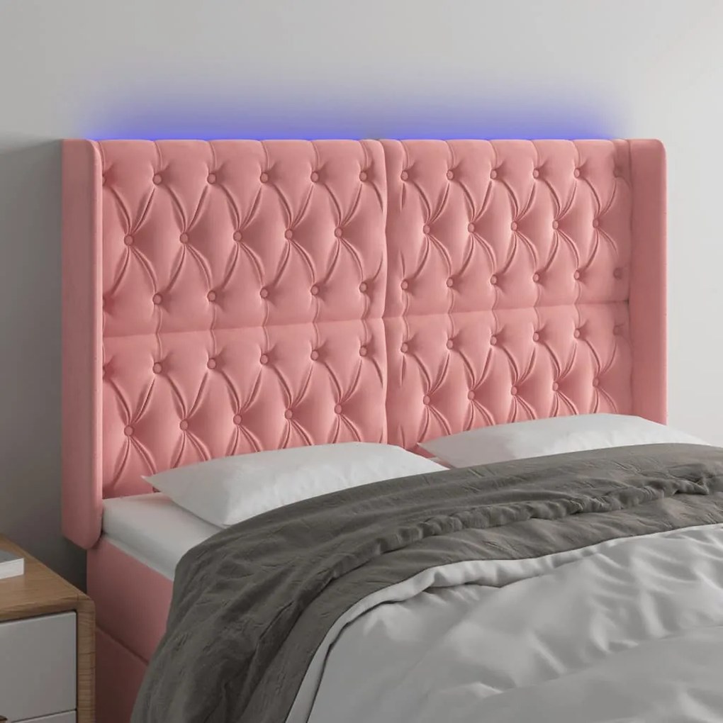 vidaXL Tăblie de pat cu LED, roz, 147x16x118/128 cm, catifea