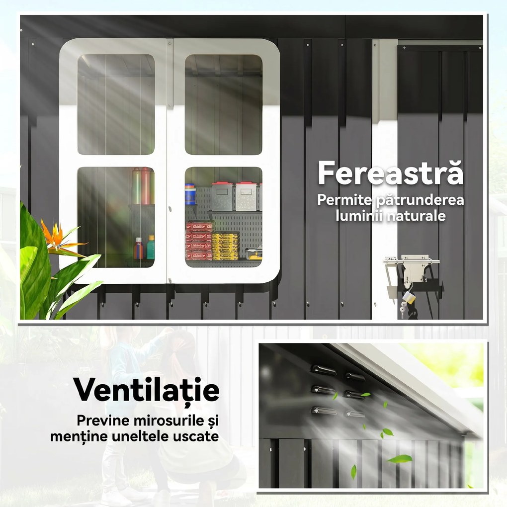 Outsunny Căsuță de Grădină 2,55m² din Oțel Zincat cu Kit de Fundație, Ușă Blocabilă, Acoperiș Înclinat, Gri | Aosom Romania