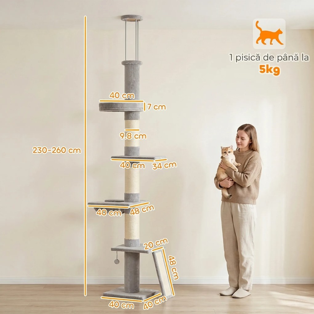 PawHut Ansamblu de Zgâriat pentru Pisici până la Tavan, 230-260 cm, 3 Stâlpi de Zgâriat, Hamac, Pluș, Gri Deschis | Aosom Romania