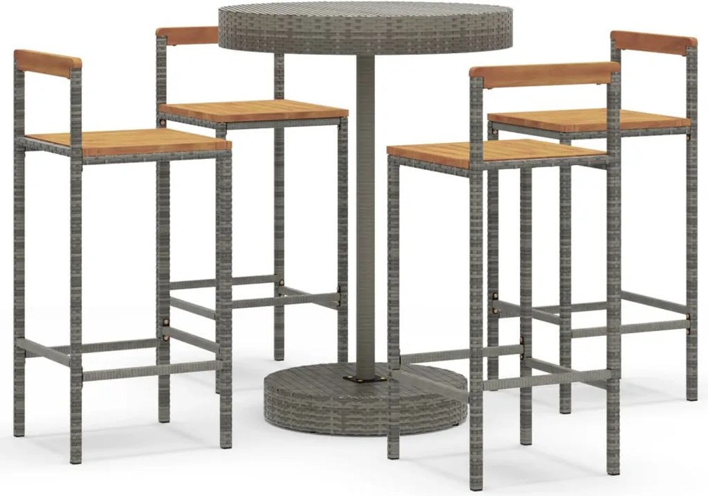vidaXL Set bar pentru grădină, 5 piese, gri, poliratan/lemn acacia