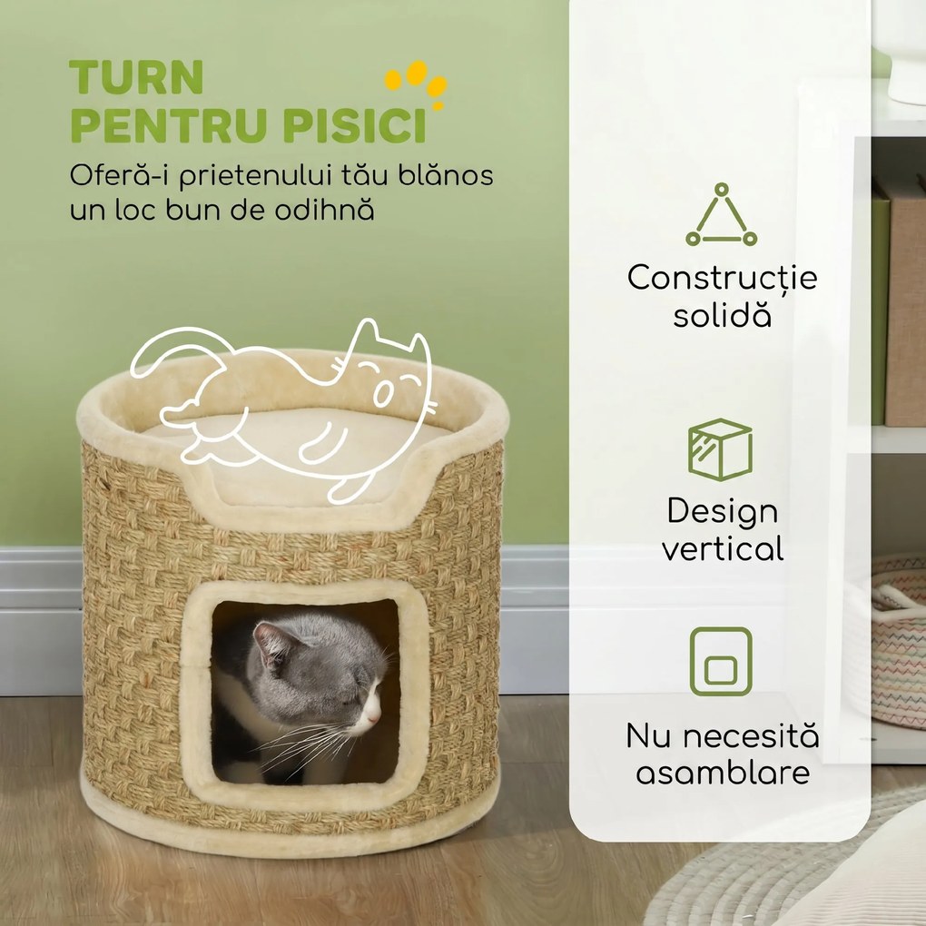 PawHut Ansamblu de Zgâriat pentru Pisici, 37 cm, 2 Niveluri, cu Ascunzătoare și Sfoară din Sisal, până la 5 kg, Kaki | Aosom Romania