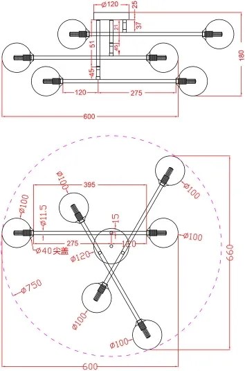 Lustră aplicată DORADO, 6 x G9, 28 W, 230 V, negru