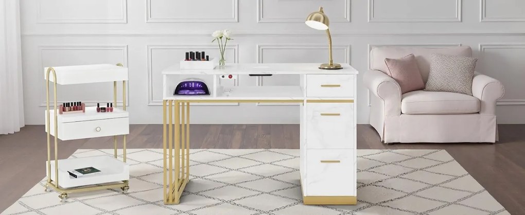 MANIAU201 - Masuta manichiura, 112 cm, cu aspirator incorporat, masa cosmetica - Alb - Imitatie de marmura - Auriu