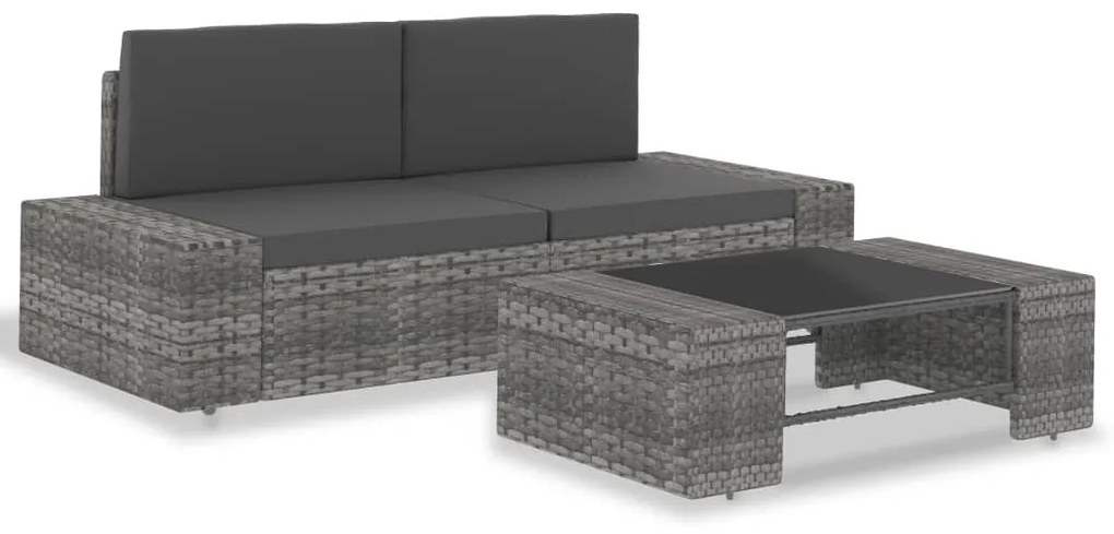 vidaXL Set mobilier de grădină, 3 piese, gri, poliratan