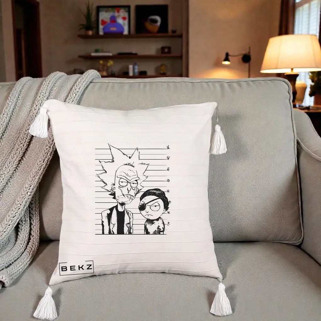 Perna Personalizata Rick si Morty Dosar, 40x40 cm, Bej cu Franjuri, Husa Detasabila, Perna Inclusa, BEKZ®