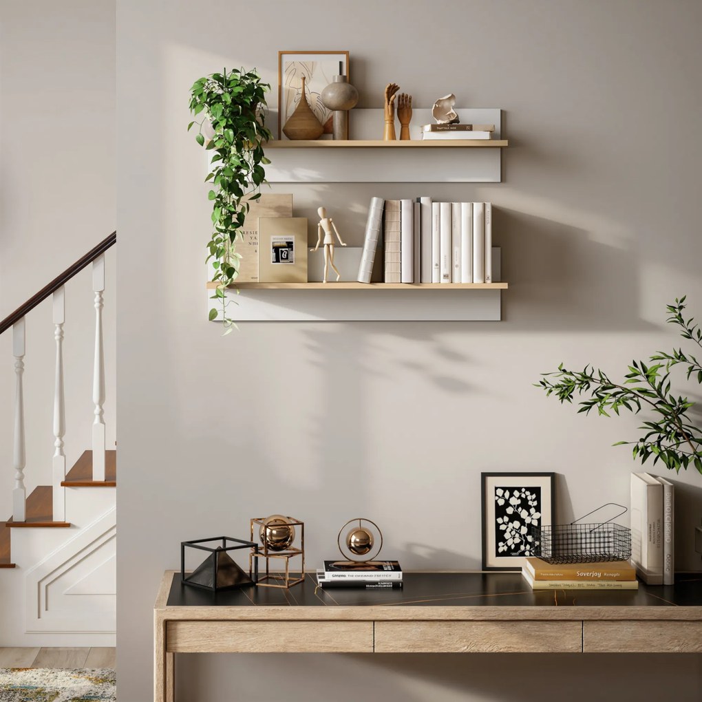 HOMCOM Set 2 Rafturi de Perete pentru Casă și Birou, Rafturi din Lemn pentru Bucătărie și Living, 80x16.5x20 cm, Alb și Lemn Natural | Aosom Romania