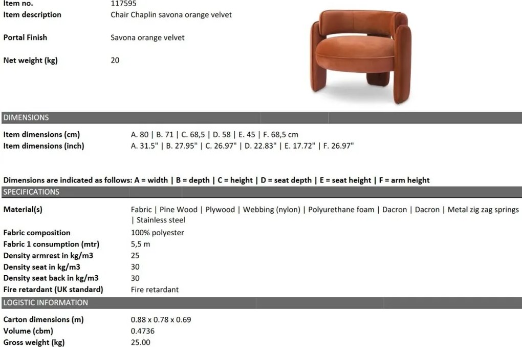 Scaun modern design LUX Chaplin, Savona orange