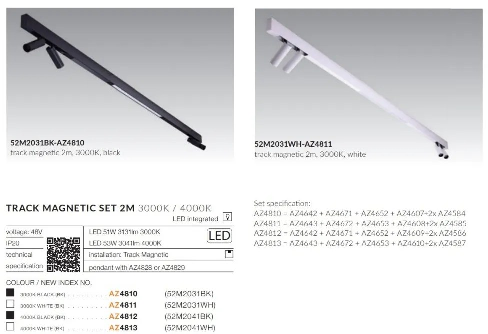 Set 2 metri sina magnetica monofazata cu iluminat inclus Alfa 52M2031WH alb, 3000K